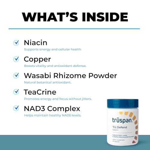 TruSpan Tru Defend NAD+ Capsules, Cellular Energy and Metabolic Support, 500MG of Niacinamide Per Serving, 40 Servings, 80 Capsules - Thumbnail 2