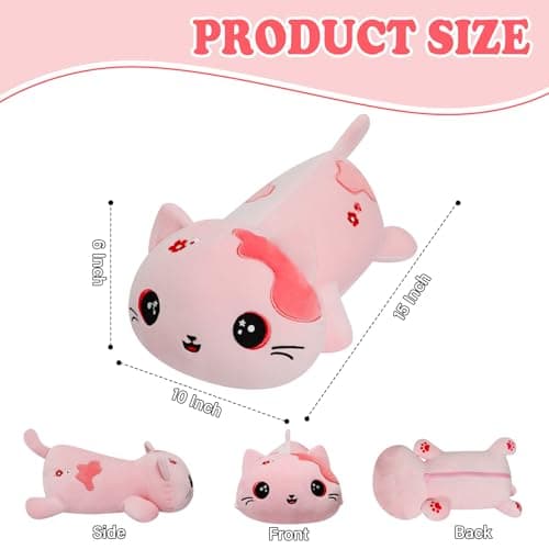 Microwave Weighted Cat Stuffed Animal - 2.2 Pounds Big Pink Cat Plush Machine Washable Unscented Cute Heating Pad Animal Pillow Warm Plushies Toy for Adults Kids Pink Flower Embroidery 15 Inch - Thumbnail 3