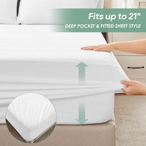 Cozymaker Queen Size 100% Waterproof Mattress Protector, Mattress Pad Cover Fitted 8"-21" Deep Pocket, 3D Air Fabric Soft Breathable Cooling Bed Cover Noiseless Washable, White-Fence - Thumbnail 4