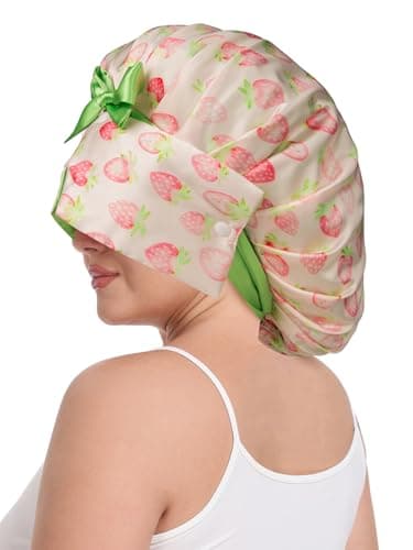Vettres Pleated Silk Sleeping Bonnet with Eye Mask Double Layer Satin Hair Bonnets Sleep Cap for Curly Natural Hair Pink Green Strawberries - Thumbnail 6