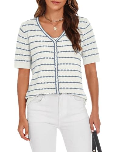 COCCKO Womens V Neck Summer Striped Cardigan Puff Sleeve Ruffle Lightweight Knit Sweaters Open Front Button Down Tops Blue M - Thumbnail 5