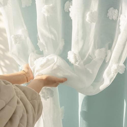 NICETOWN Aqua Pom Pom Curtains for Nursery, Grommet Room Darkening Double Layer Sheer Drapes Thermal Insulated Kids Room Window Treatments for Bedroom, W52 x L63, 2 Panels - Thumbnail 4