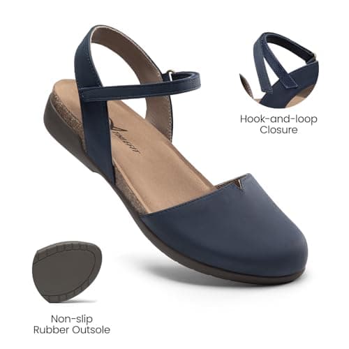 Athlefit Closed Toe Sandals for Women Comfort Cork Footbed Arch Support Flat Sandals Navy Size 6.5 - Thumbnail 5