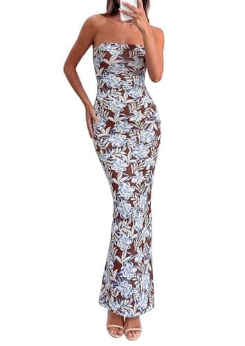 PRETTYGARDEN Bodycon Long Dresses for Women 2026 Strapless Tube Summer Floral Maxi Dress Sleeveless Back Slit Beach Outfits (Floral Brown,Small) - Image 1