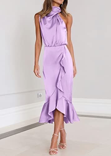 KIRUNDO Women 2026 Spring Summer Satin Mock Neck Wedding Guest Party Cocktail Midi Dress Sleeveless Wrap Ruffle Formal Dress(Purple, XX-Large) - Thumbnail 2