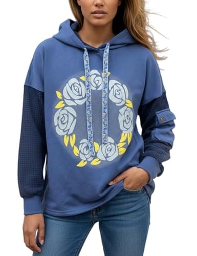 ZIZERY Womens Hoodies Oversized Floral Patchwork Sweatshirt Waffle Drop Shoulder Casual Drawstring Long Sleeve Top(Light-Blue,L) - Image 1