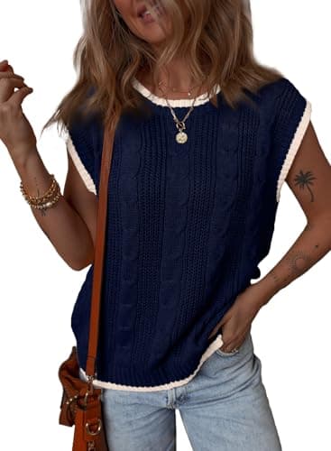 Dokotoo Women's Tops Round Neck Cap Sleeve Color Block Cable Knit Tops for Women Trendy Tank Tops Sweater Vest Women Navy Blue Medium - Image 1