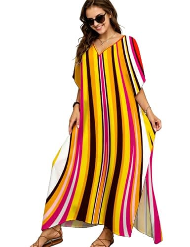 ZIRHYSTA Kaftan Dress for Women Beach Cover Ups, Plus Size V Neck Maxi Swimsuit Coverup, Oversized Caftans for Pool Resort S-XXL (Sunset Stripe) - Image 1