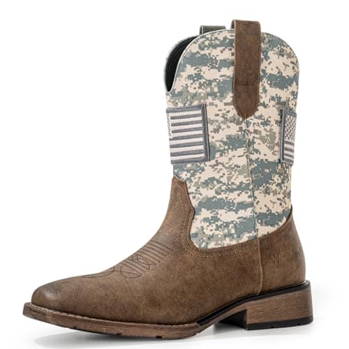 WINBIRD Cowboy Boots For Men - Square Toe Western Mens Slip on Patriot Boots with National Flag Patch, Slip Resistant Classic Pull On Short Country Chunky Heel Boot L97-SG/DBR-PU-8.5 - Image 1