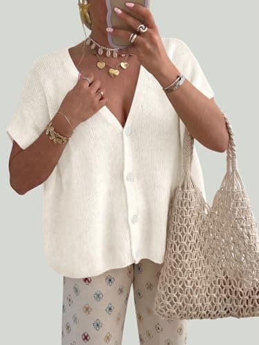 PRETTYGARDEN Batwing Short Sleeve Ribbed Knit Sweater Tops Oversized Button Up Shirt Women V Neck Light Weight Cardigan (White, Small) - Thumbnail 3