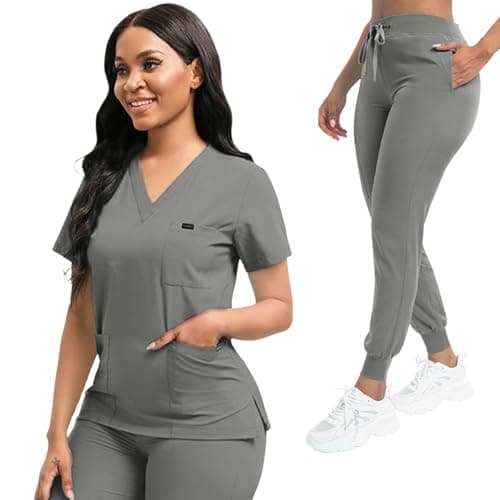 YEZEX Scrubs for Women Set, Women's V-Neck Top & Jogger Scrub Pants, Nursing Uniform Scrubs Set with 8 Pockets, for Nurse Esthetician Workwear (Gray) - Image 1