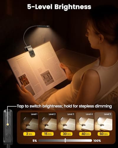 Glocusent 13 LED Rechargeable Book Light for Reading at Night, Eye-Caring 3 Amber Colors & Stepless Dimming, Lasts 1 Week to 2 Months, Travel Clip on Lamp, Gifts for Book Lovers, Men, Women & Kids - Thumbnail 3