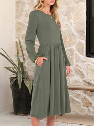 ANRABESS Women Long Sleeve Midi Dress Crewneck 2025 Fall Fashion Casual Flowy A-Line Long Dresses Vacation Outfit with Pocket Army Green L - Thumbnail 4