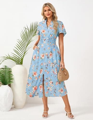 GRACE KARIN Womens Summer Maxi Floral Dress Casual 2026 Long Zipper Dresses Boho Flowy Beach Vacation Sundress with Pockets Light Blue Floral XL - Thumbnail 2