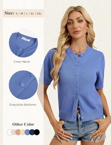 GRACE KARIN Women's Blue Short Sleeve Cardigan, Plus Size Summer Lightweight Cardigans, Basic Button Down Ribbed Sweater - Thumbnail 4