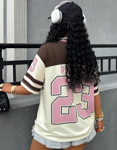 Women’s Jersey Shirts Y2k Graphic Number Oversized T Shirt Short Sleeve V Neck Casual Tees Streetwear Vintage Summer Top Brown - Thumbnail 5