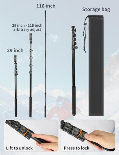 118" Invisible Selfie Stick for Insta360 X5 X4 X3, 3M/9.8ft Extended Long Pole with Wireless Remote & Tripod, Compatible with GoPro, DJI OSMO,Phone,Action Camera - Thumbnail 6