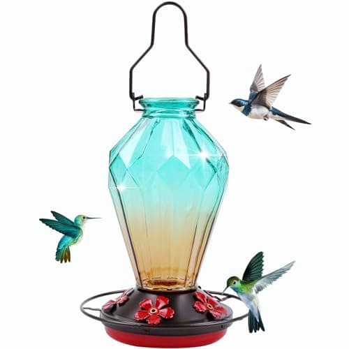 Glass Hummingbird Feeder for Outdoors Hanging, 25Oz Humming Bird Nectar Feeder, Perch, 5 Flower Feeding Ports, Leak Proof Base, Hook for Outside Garden Backyard, Gift for Women, Diamond Green - Image 1