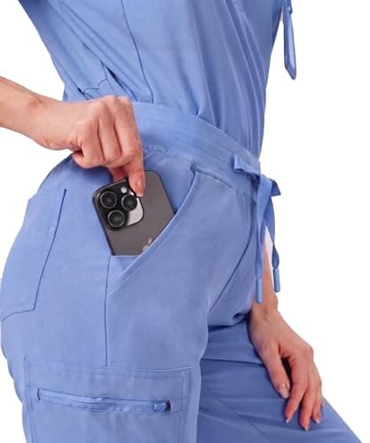 VECARDI Women's Scrub Jogger Pants High Waisted Stretch Nurse Work Bottoms 5 Pockets Elastic Waist Slim Fit Ceil Blue - Thumbnail 5