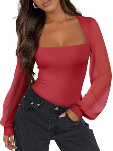 PINKMSTYLE Sexy Bodysuits for Women Classic Square Neck Long Sleeve Slim Fit Shirts Sheer Mesh Trendy Going Out Tops Cute Office Red Small - Image 1