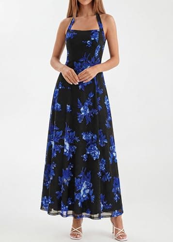 KIRUNDO Women's Summer Sleeveless Halter Floral Maxi Dress 2026 Beach Wedding Guest Cocktail Mesh Flowy A Line Long Sundress(Black, X-Large) - Thumbnail 3