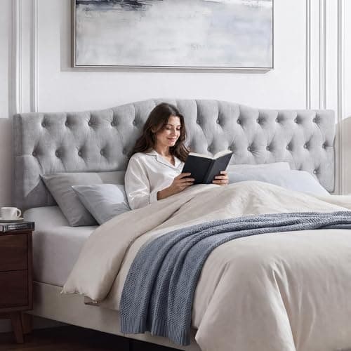 Iroomy Upholstered Queen Headboard, Button Diamond Tufted Headboard with Adjustable Height and Solid Wood Leg, Linen Fabric Padded Headboards for Queen Size Bed, Mordern Head Board, Grey - Image 1