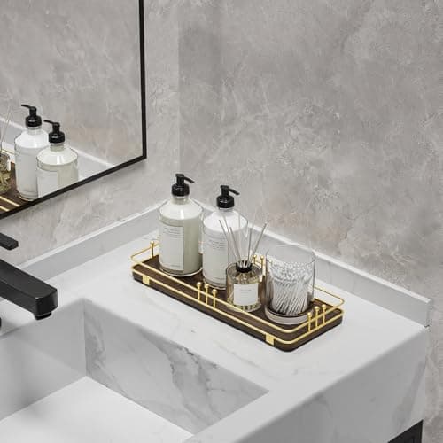 Pursura Bathroom Vanity Tray for Countertop Toiletries Perfume Makeup Soap Dispenser Toilet Tank, Kitchen Tray for Salt Spice, Decor Tray for Candle Nightstand Coffee 11.3”x 4.4” Brown-Gold - Thumbnail 5