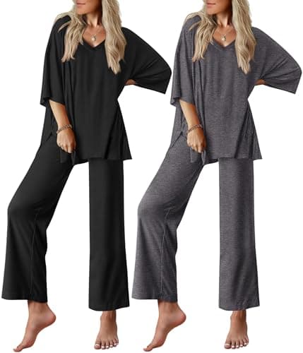 Ekouaer 2 Packs Lounge Sets for Women Short Sleeve Pajamas Set V Neck Top and Long Pants Comfy Pjs Outifts with Pockets Black/Dark Grey - Image 1