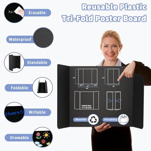 Trifold Poster Board 26"x 17",Easy-to-Clean Reusable Plastic Black Presentation Board for Science Fair, Durable & Waterproof Business Displays & School Projects 2-Pack - Thumbnail 3