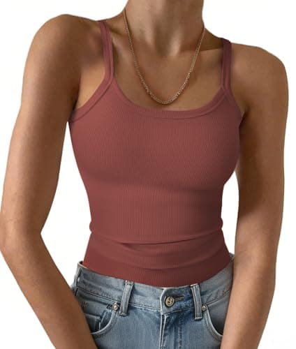 GKBK Women's Tank Tops 2026 Spaghetti Strap Ribbed Knit Scoop Neck Sleeveless Shirts Summer Casual Basic Tanks Brick Red L - Image 1