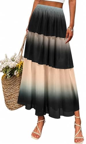 materasu Women Tiered Maxi Skirt Printed Elastic Waist Casual Flowing Long Skirt Black - Image 1