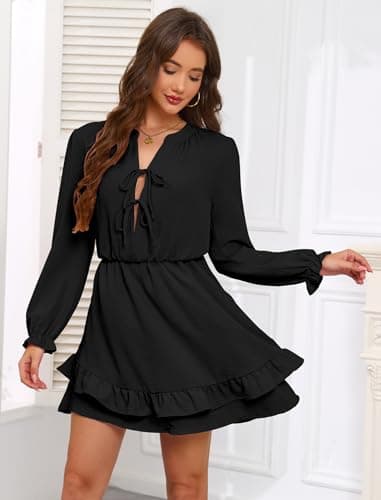 Angashion Women's Tie Front Mini Dress: V Neck Long Sleeve Elastic Waistband Layer Ruffle Hem Dress with Pockets Black Small - Thumbnail 2
