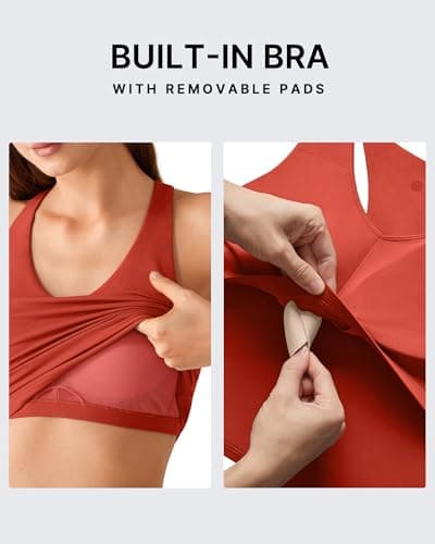 G4Free Workout Tank Tops for Women Razor Back Yoga Athletic Removable Padded Tanks Shelf Bra Exercise Gym Top (Rust Orange,XS) - Thumbnail 5