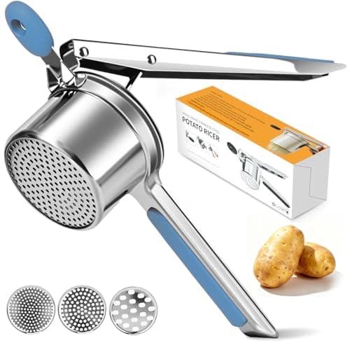 Potato Ricer for Mashed Potatoes-Stainless Steel 15oz Large Capacity,All Clad,Heavy Duty,Ergonomic Handle for Spaetzle,Oranges, Lemons, Pumpkins, Carrots, Avocados(BLUE)