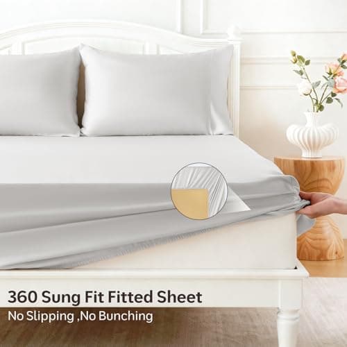ChicView King Luxury Satin Sheet Set,4 Pieces Ultra Cooling Silky Feel Breathable Bedsheets, 16 Inch Deep Pockets Bed Sheets,Good for Hair & Skin, Light Gray - Thumbnail 5