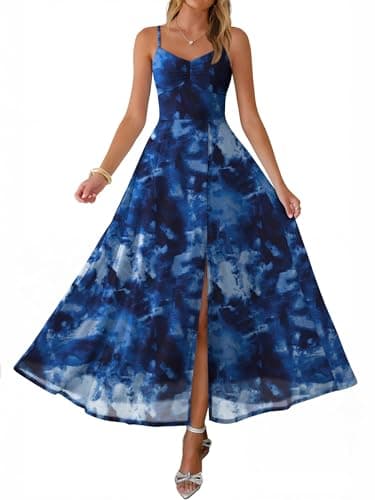 Caracilia Women's Summer Maxi Dresses Floral Mesh Spaghetti Strap Split Formal Wedding Guest Cocktail Party Beach Long Dress Navy Blue Floral M - Image 1