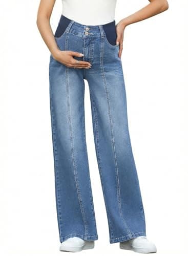 BLENCOT Pregnancy Jeans for Women Maternity Wide Leg Jeans High Waisted Seamed Front Stretchy Trendy Loose Denim Pants Light Blue Large - Image 1