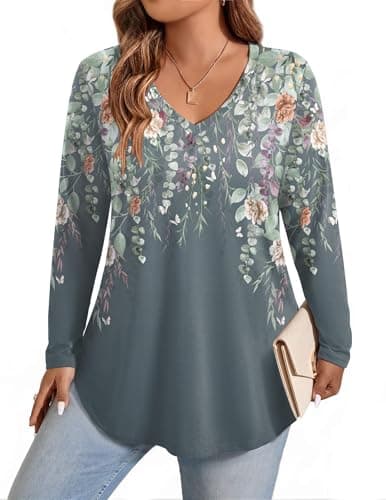 IN'VOLAND Plus Size Womens Tops Boho Long Sleeve Shirts V Neck Top - Image 1