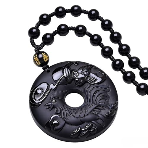 FUDIDU Rooster Circle Pendant Natural Black Obsidian Necklace for Men Women, Chinese Zodiac Sign Amulet Jewelry, Hand-Carved Peace Buckle with Six-Word Mantra Bead & Adjustable Chain, Lucky Gifts - Image 1