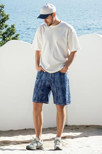 Heyfanee Mens Baggy Jorts Y2k Wide Leg Jean Shorts Men Big and Tall Loose Fit Denim Shorts for Men Streetwear Dark Blue 46 - Thumbnail 6