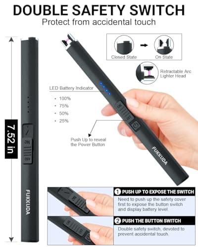 FUKKUDA Electric Arc Candle Lighter with Safety Switch - USB Rechargeable, Windproof & Flameless for Romantic Evenings, Valentine's Day Gift & Stocking Stuffer (Obsidian Black) - Thumbnail 5
