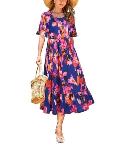 STYLEWORD Women's Summer 2026 Casual Short Sleeve Tiered Flowy Maxi Spring Dress Long Midi Beach Sundress Vacation Hawaiian Outfits(Floral19,M) - Image 1