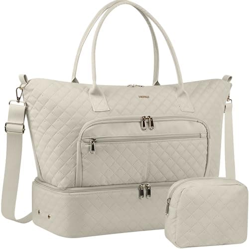 HOTOR Travel Duffle Bag for Women - Carry on Bag with Toiletry Pouch & Shoe Compartment, Large Overnight Weekender Bags for Gym, Business Trips, Sports and Hospital, Beige, 17.3" x 7.9" x 13.4" - Image 1