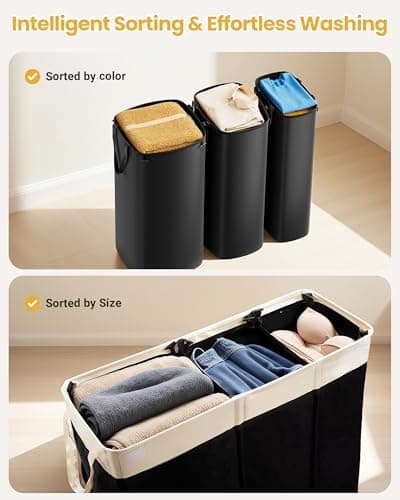 190L Laundry Hamper with Lid, Large Laundry Basket with Lid and 3 Section, Sturdy Laundry Baskets with 3 Removable Bags (L M S), Dirty Clothes Hamper Organizer for Laundry Room, Bedroom and Dorm Room - Thumbnail 6
