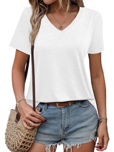 GKBK Womens Short Sleeve T Shirts V Neck Tops Summer Trendy Comfy Casual Basic Tee Shirt White,XXL - Image 1
