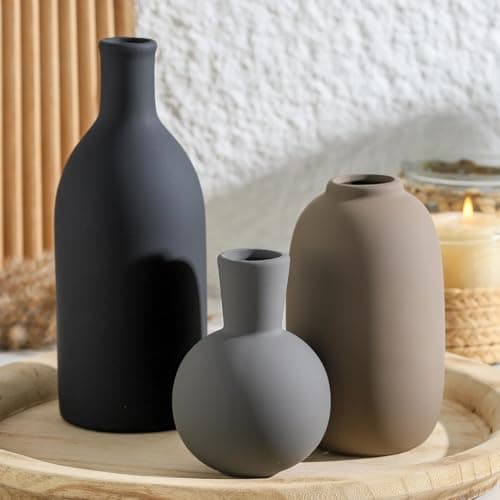 Ceramic Vase Set of 3, Rustic Farmhouse Vases Home Decor Pottery Pampas Vase Decoration Modern Neutral Flowers Vases for Room Decor, Entryway, Living Room, Table, Kitchen, Bedroom - Multicolor - Image 1