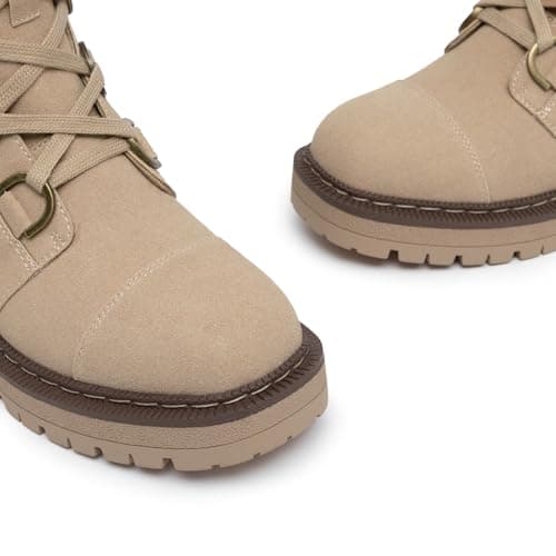Athlefit Women's Combat Ankle Boots Platform Chunky Low Heel Boots Fashion Lug Sole Lace Up Taupe Booties Size 8 - Thumbnail 5