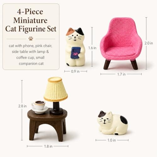 Edyocey Miniature Cat Figurines Set, 4-Piece Resin Cat with Sofa & Lamp, Cute Desk Decor for Office & Home, Gift for Cat Lovers (Cat) - Thumbnail 5
