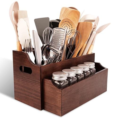 DIOLOVE Wooden Utensil Holder for Countertop with Spoon Rest, Farmhouse Kitchen Utensil Organizer with Compartments, Wall Mount Rustic Cooking Tool Caddy for Spatulas, Spoons, Ladles, Cutlery - Image 1
