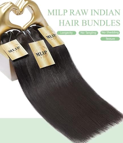 MLIP Raw Bundles Human Hair Straight, No Tangle Shedding, Keep Texture Silky Soft After Multiple Washes, 16A Raw Indian Hair Bundles 12 12 12 Inches, Triple Lifespan 3X - Thumbnail 4